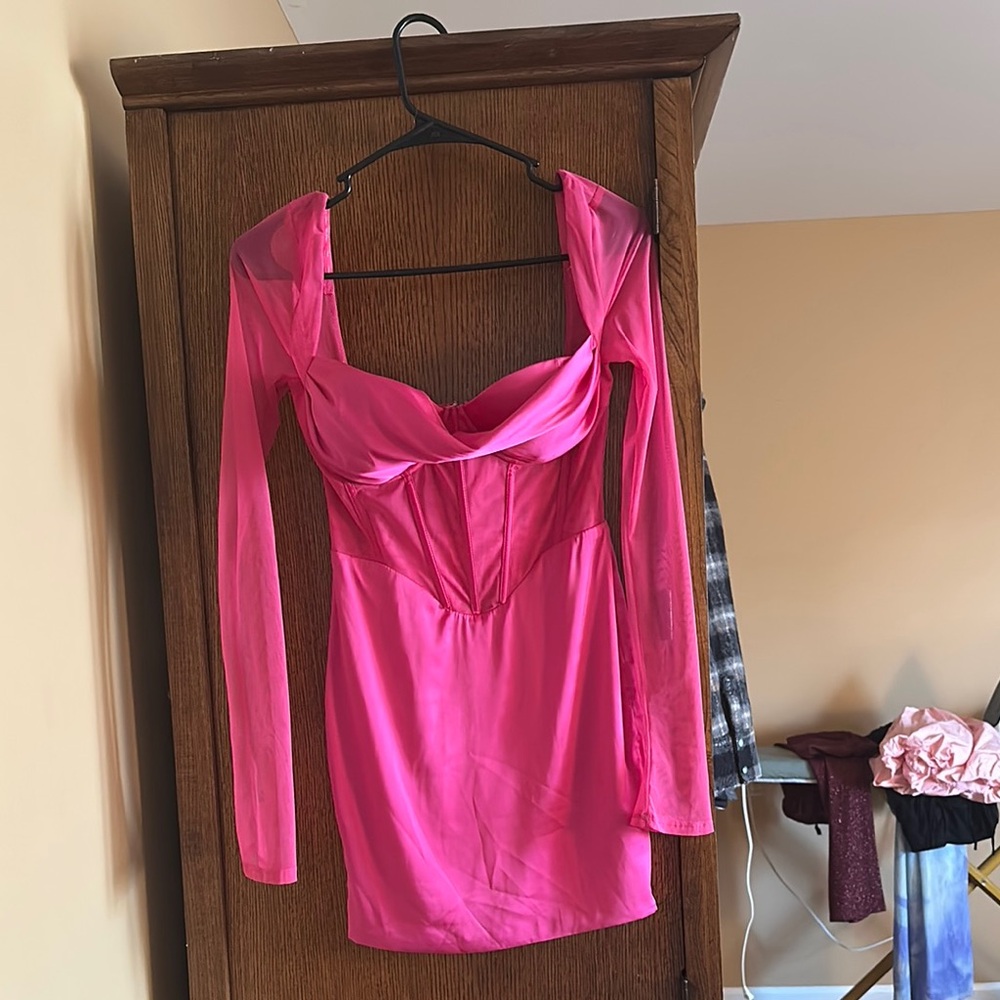 Oh Polly party dress in HOT PINK with sheer sleeves. Worn one time.